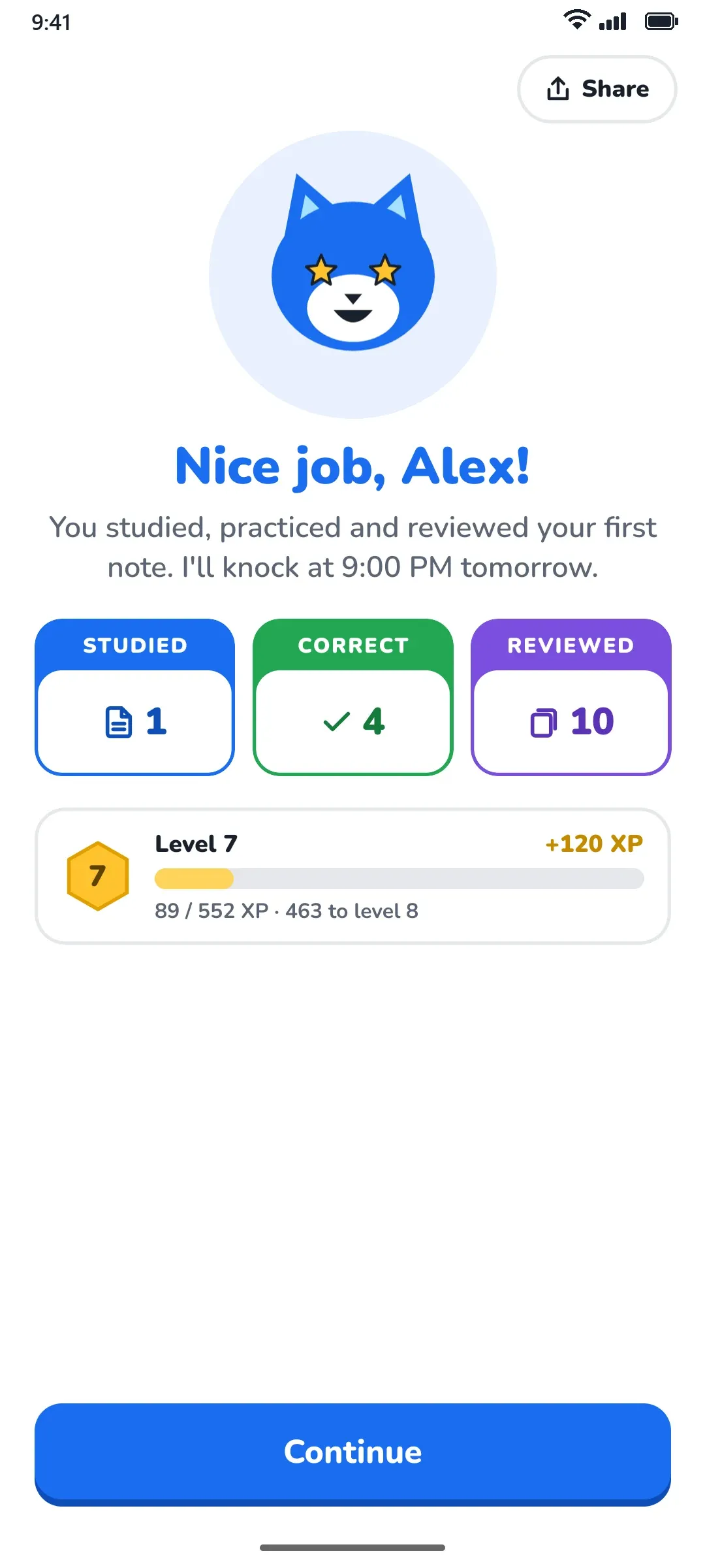 Remi celebrating: Nice job, Alex! You studied, practiced and reviewed your first note.