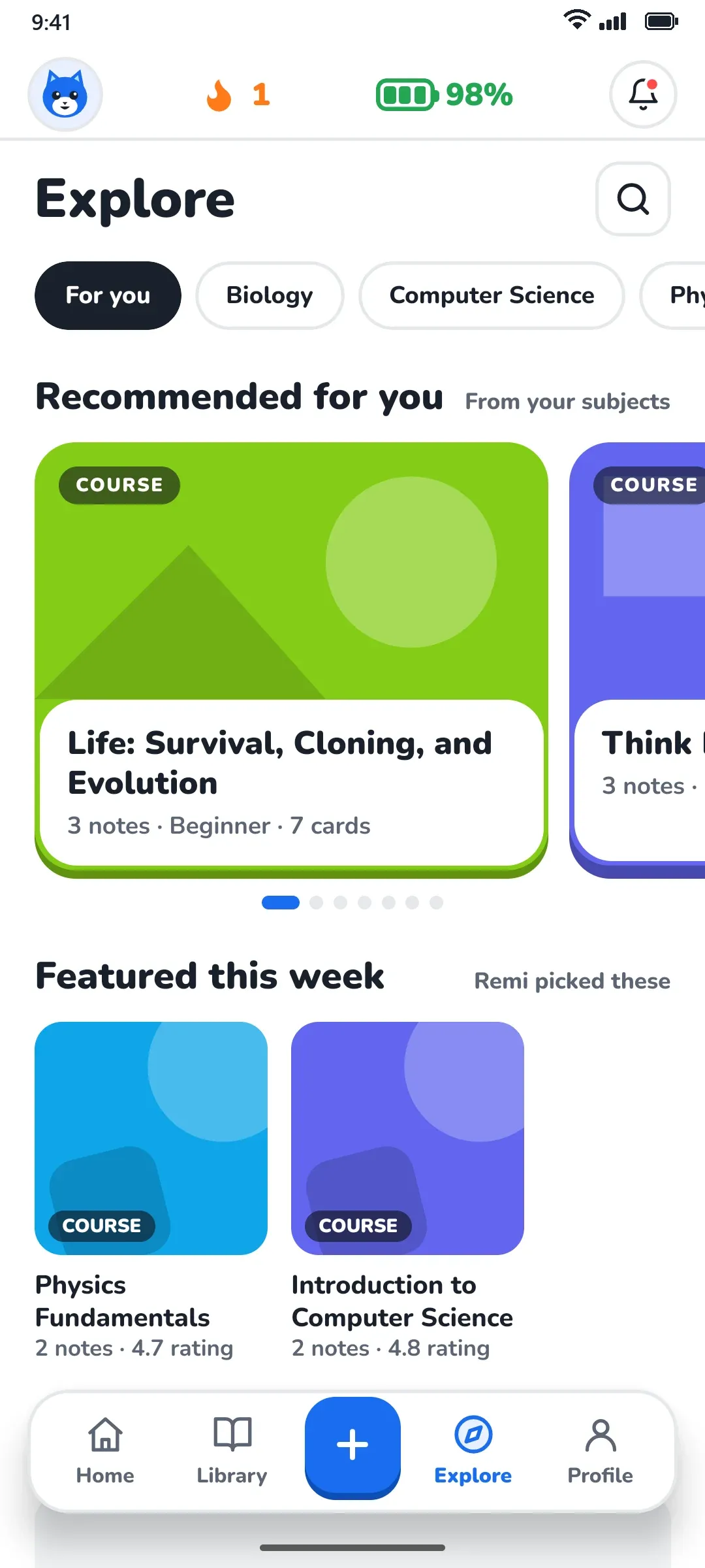 The Explore tab: recommended courses and featured courses this week.