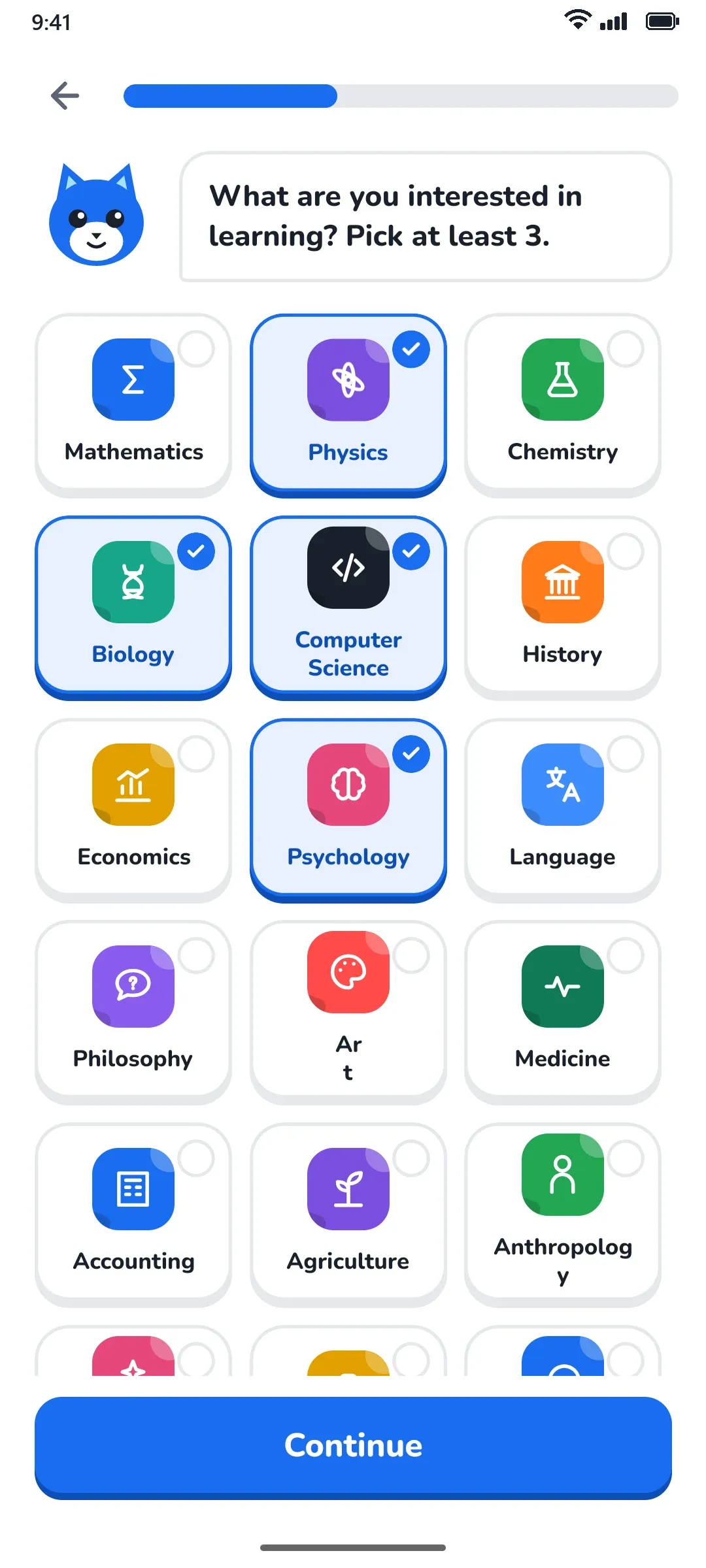 Choosing interests in Remi: Physics, Biology, Computer Science and Psychology selected.