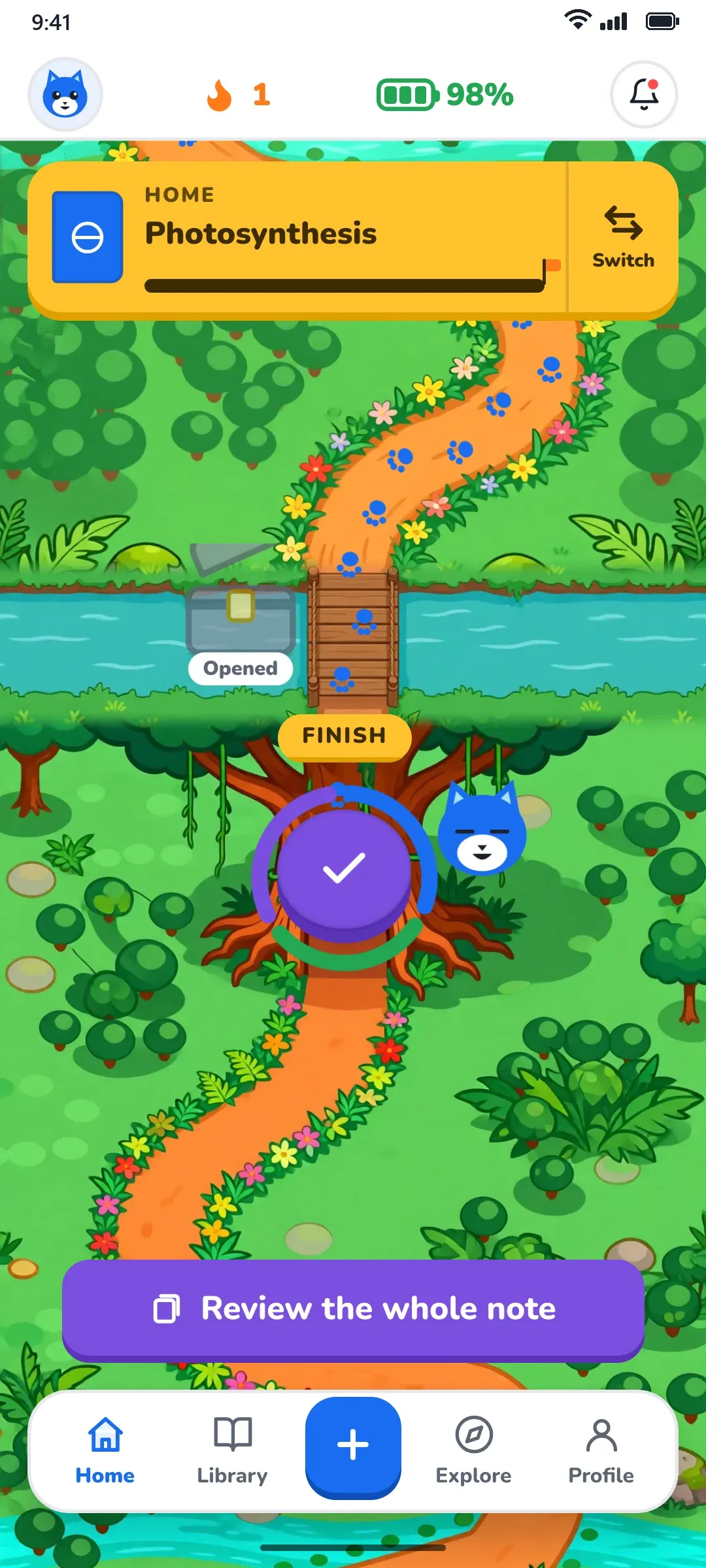 Remi Learn home screen: a jungle trail map for a Photosynthesis note, with Remi at a finished checkpoint.