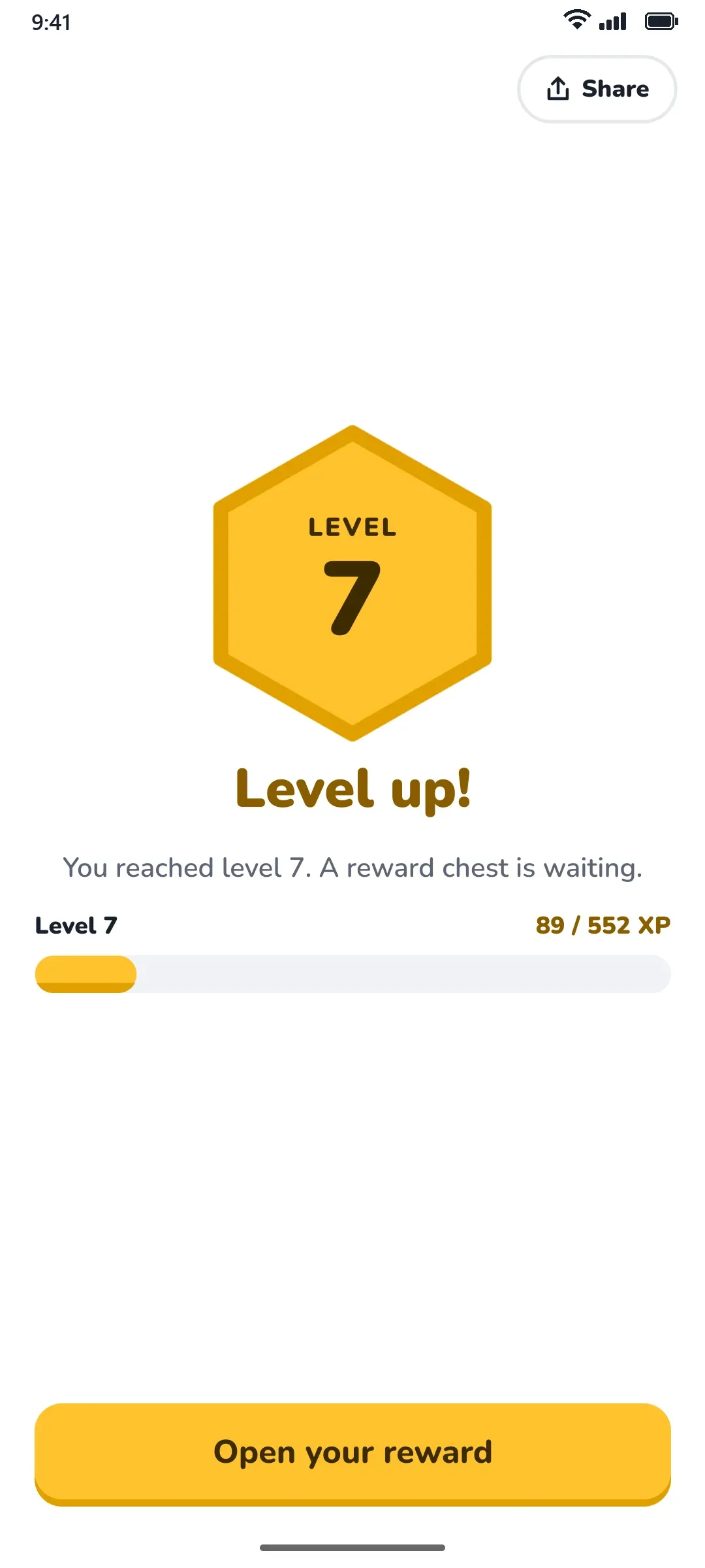 Level 7 reached, with a reward chest waiting.