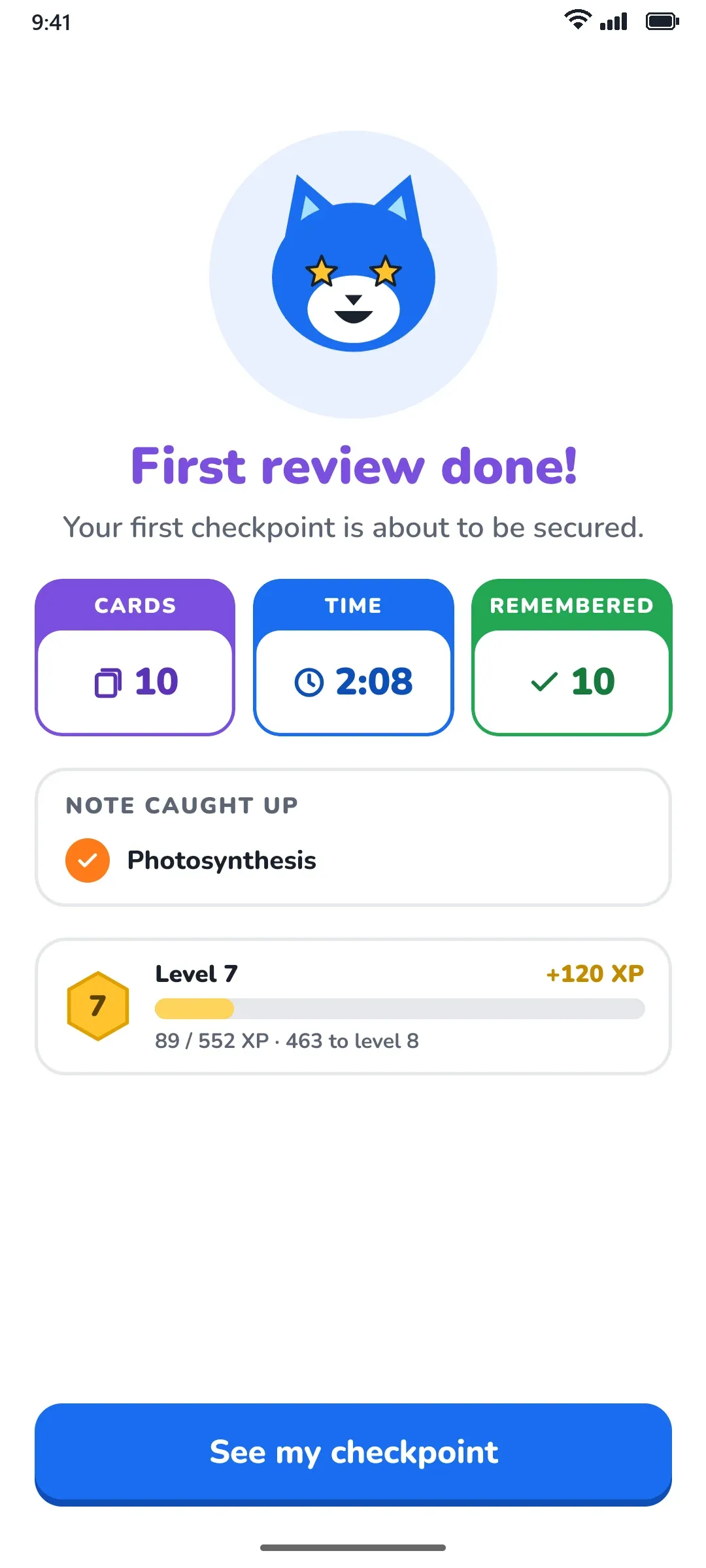 First review done: 10 cards remembered and a checkpoint about to be secured.