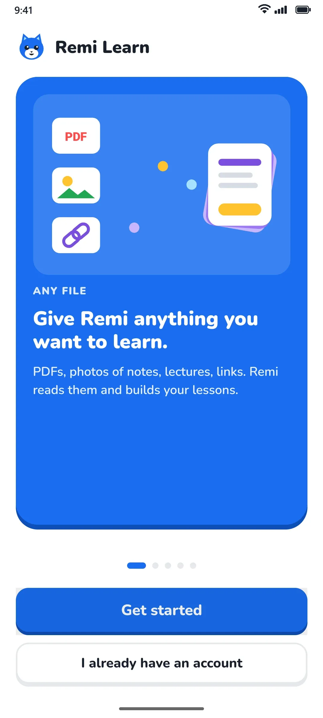 Remi’s welcome screen with a blue card that says Give Remi anything you want to learn.